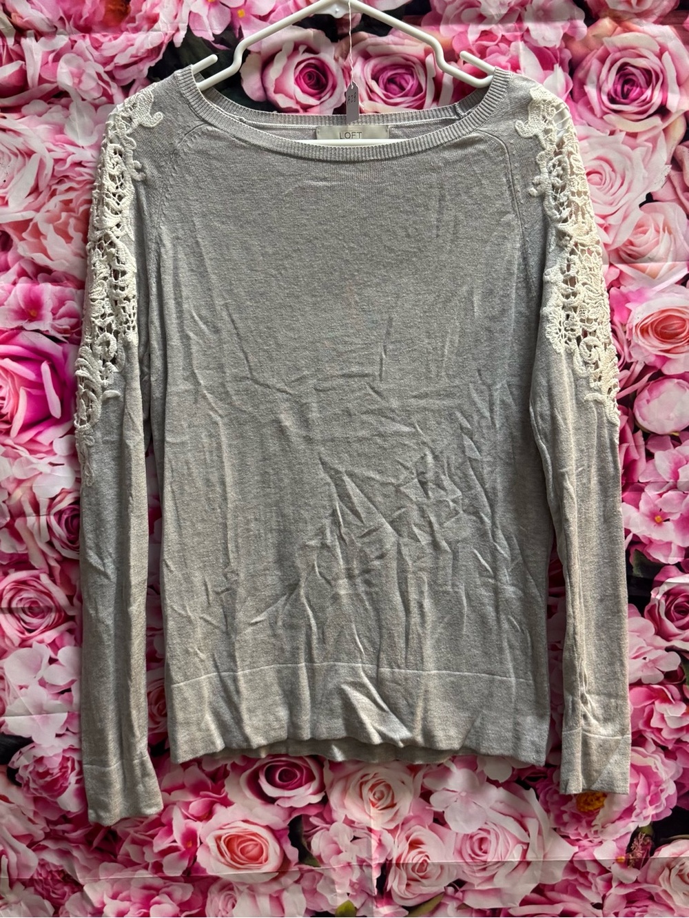 LOFT Light Gray Sweater with Cream Crochet Sleeve Detail